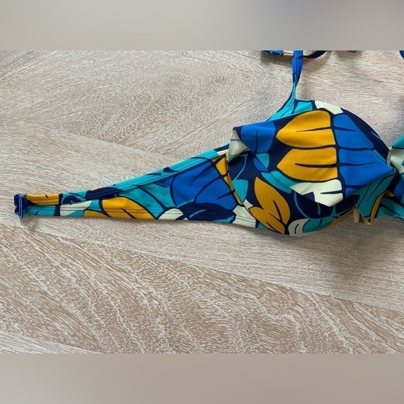 Aerie Padded Lightly Lined Supportive Retro Inspired Ruffle Blue Orange Swim Top - Picture 4 of 10